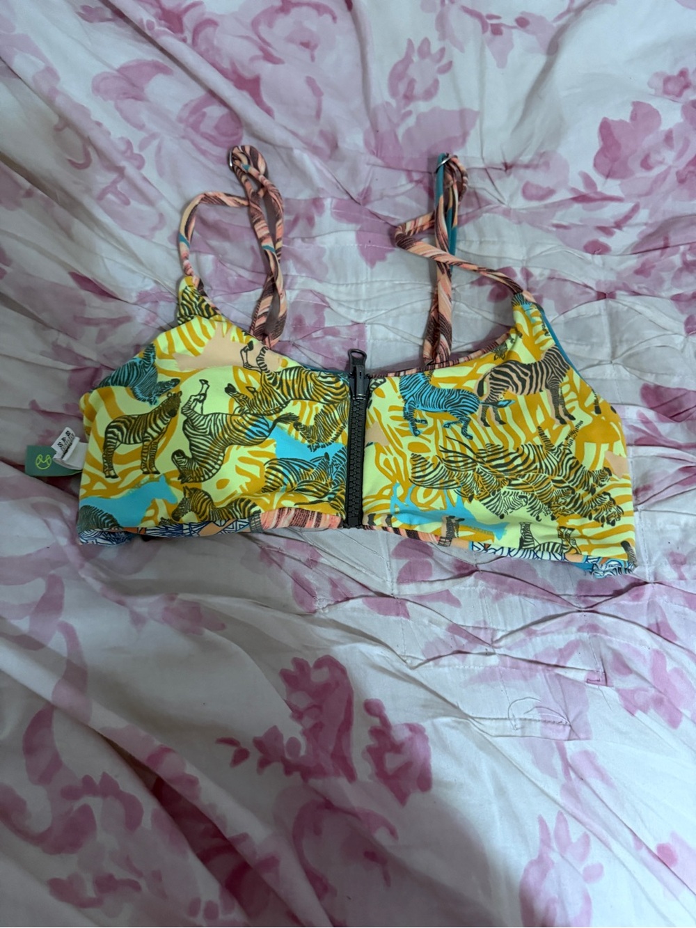 Maaji Zebra Print Front-Zip Bikini Top in Yellow & Blue